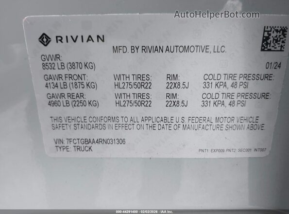 7FCTGBAA4RN031306 2024 RIVIAN R1T Gray Widok komory silnika