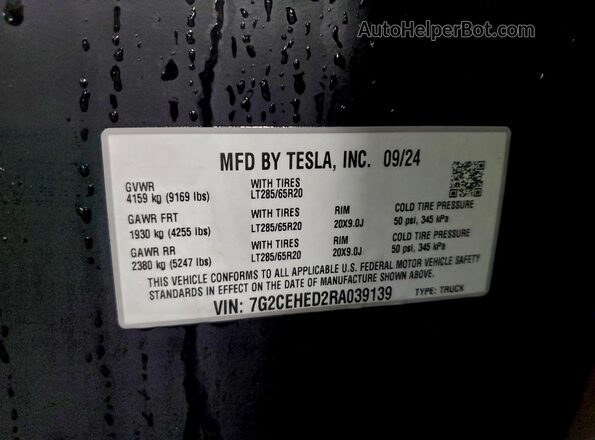 7G2CEHED2RA039139 2024 TESLA CYBERTRUCK Black VIN კოდის სტიკერის ხედი