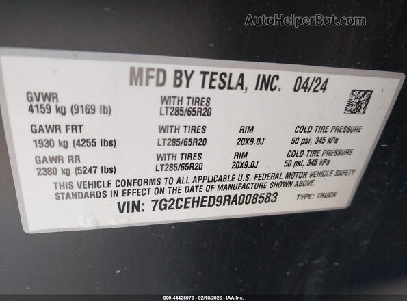 7G2CEHED9RA008583 2024 TESLA CYBERTRUCK Gray Вид підкапотного простору