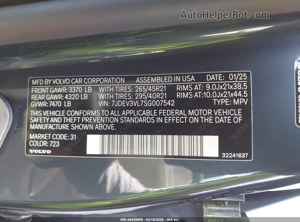7JDEV3VL7SG007542 2025 VOLVO EX90 Light Blue 