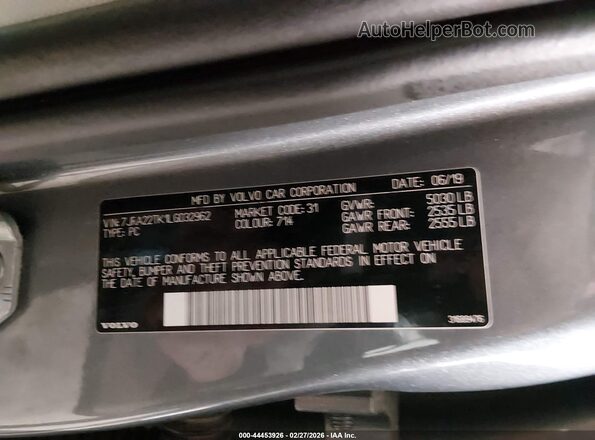 7JRA22TK1LG032962 2020 VOLVO S60 Gray 