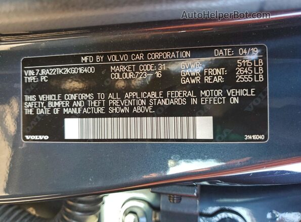 7JRA22TK2KG016400 2019 VOLVO S60 Blue 