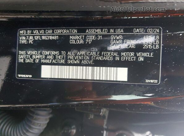 7JRL12FL1RG318481 2024 VOLVO S60 Black VIN sticker view