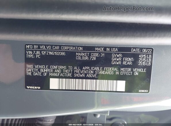 7JRL12FZ1NG192086 2022 VOLVO S60 Gray 