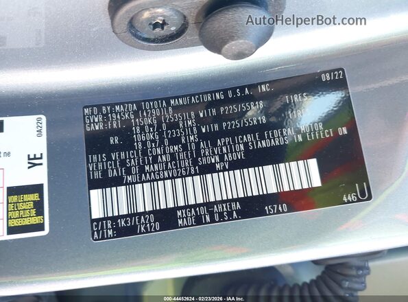 7MUEAAAG8NV026781 2022 TOYOTA LL Серый Вид подкапотного пространства