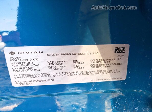 7PDSGABA6PN005208 2023 RIVIAN R1S Blue 