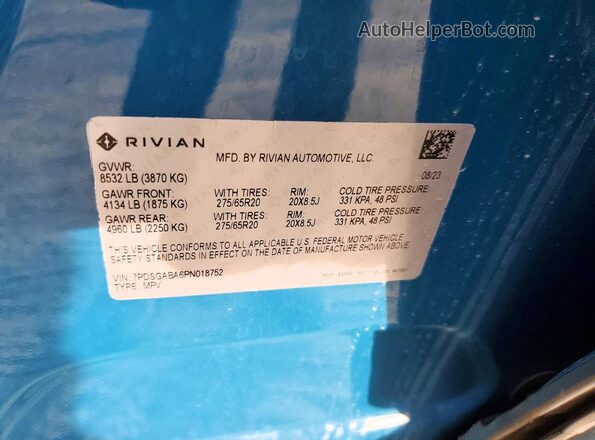 7PDSGABA6PN018752 2023 RIVIAN R1S Синий 