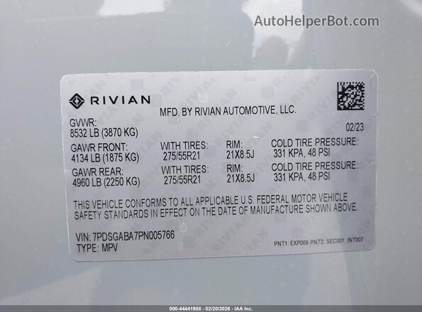 7PDSGABA7PN005766 2023 RIVIAN R1S Blue 