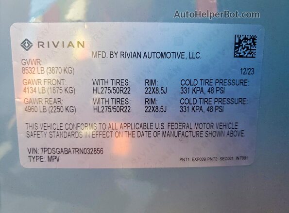 7PDSGABA7RN032856 2024 RIVIAN R1S Gray Вид наклейки з VIN-кодом