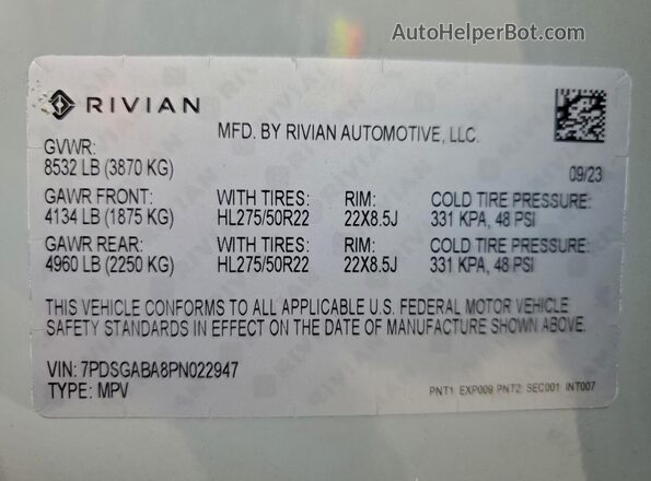 7PDSGABA8PN022947 2023 RIVIAN R1S Gray Вид наклейки з VIN-кодом
