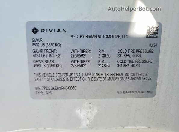 7PDSGABA9RN043969 2024 RIVIAN R1S Белый Вид наклейки с VIN-кодом
