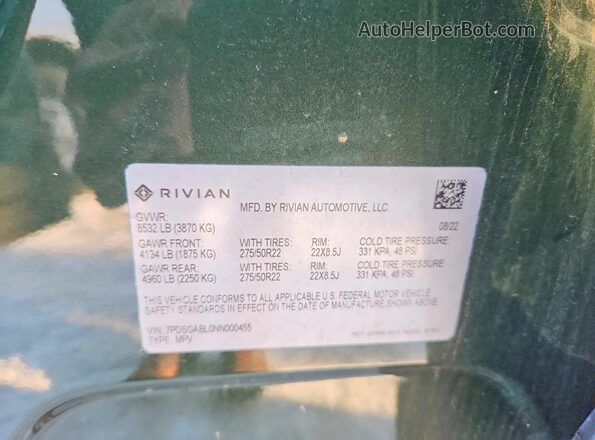 7PDSGABL0NN000455 2022 RIVIAN R1S Зеленый Вид наклейки с VIN-кодом