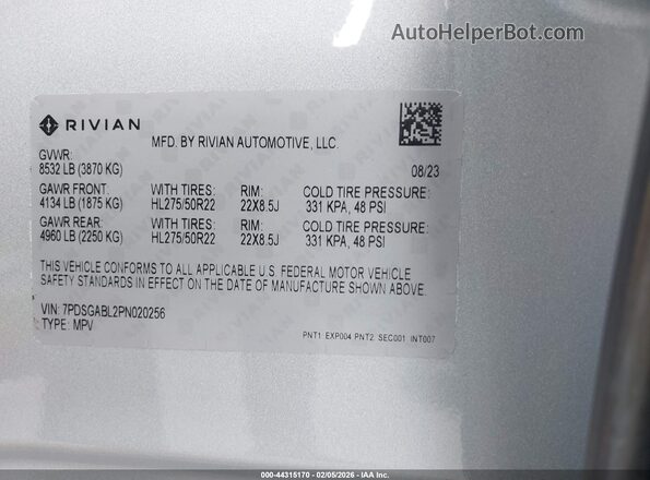 7PDSGABL2PN020256 2023 RIVIAN R1S Синий Вид подкапотного пространства