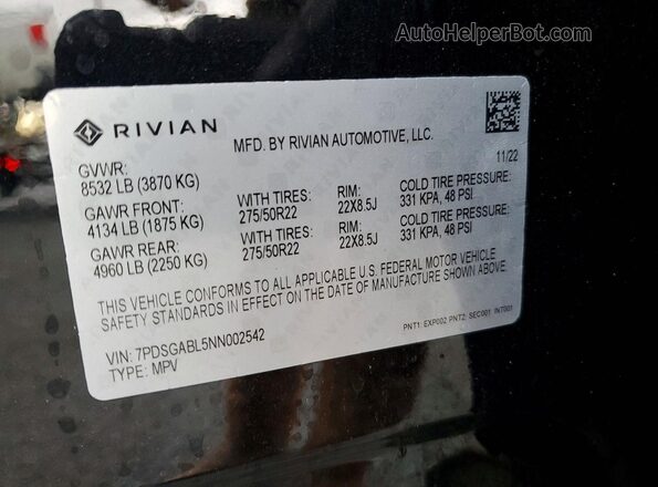 7PDSGABL5NN002542 2022 RIVIAN R1S Black Vista de la etiqueta del VIN