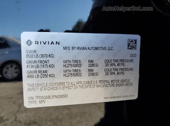 7PDSGABL5PN006593 2023 RIVIAN R1S Black Widok naklejki z numerem VIN