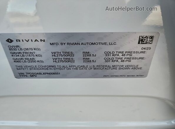 7PDSGABLXPN008551 2023 RIVIAN R1S White Вид наклейки з VIN-кодом