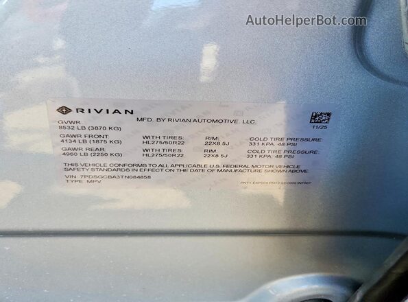7PDSGCBA3TN084858 2026 RIVIAN R1S White Панорамний вид салону 360°