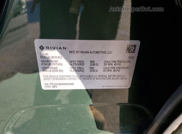 7PDSGCBA4RN032468 2024 RIVIAN R1S Green Vista de la etiqueta del VIN