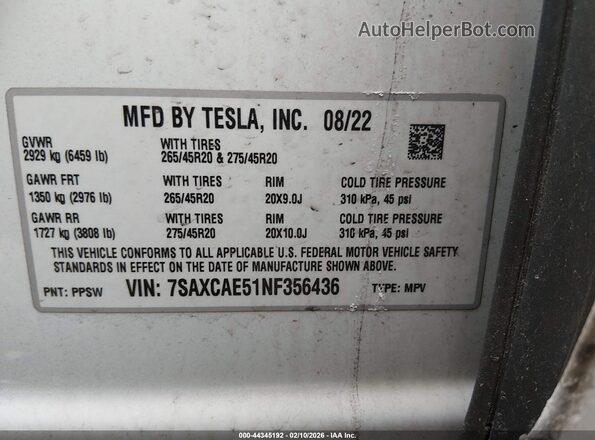 7SAXCAE51NF356436 2022 TESLA MODEL X White Вид підкапотного простору