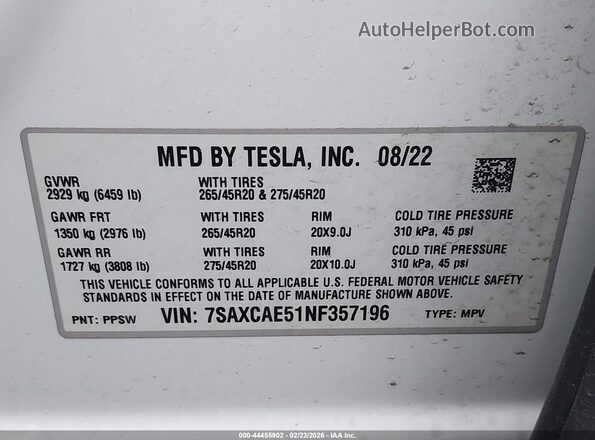 7SAXCAE51NF357196 2022 TESLA MODEL X White Widok komory silnika