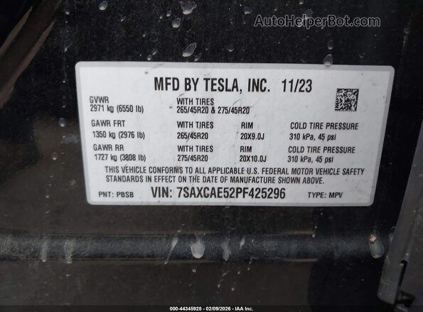 7SAXCAE52PF425296 2023 TESLA MODEL X Black Շարժիչի բաժամունքի տեսք