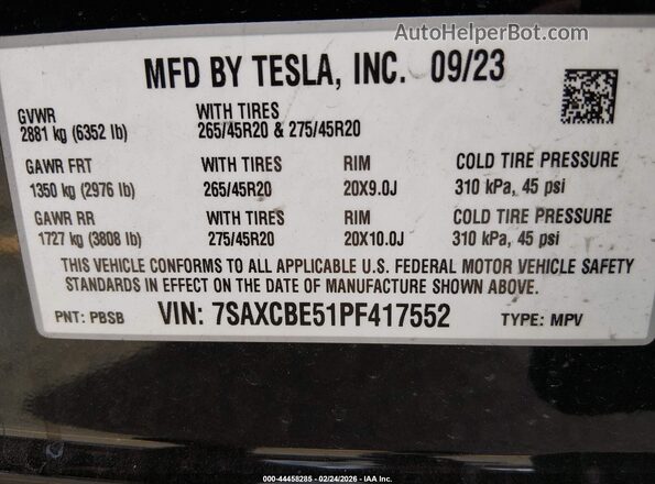 7SAXCBE51PF417552 2023 TESLA MODEL X Black ძრავის განყოფილების ხედი