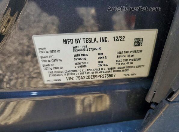 7SAXCBE59PF376507 2023 TESLA MODEL Угольный Вид наклейки с VIN-кодом