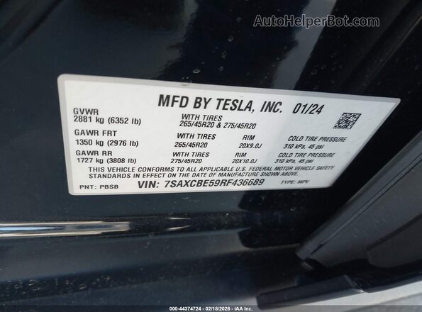 7SAXCBE59RF436689 2024 TESLA MODEL X Black Շարժիչի բաժամունքի տեսք