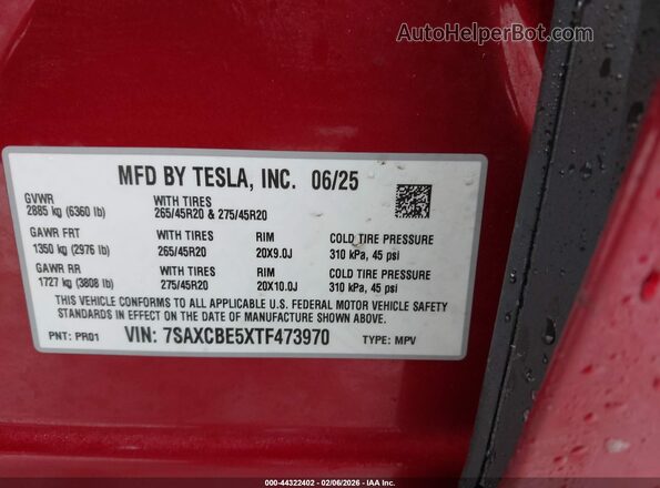 7SAXCBE5XTF473970 2026 TESLA MODEL X Красный Вид подкапотного пространства