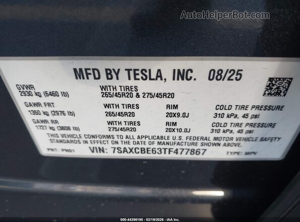 7SAXCBE63TF477867 2026 TESLA MODEL X Gray Widok komory silnika