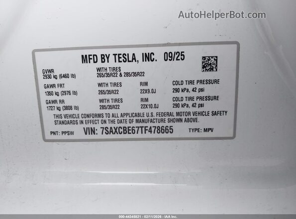 7SAXCBE67TF478665 2026 TESLA MODEL X White ძრავის განყოფილების ხედი
