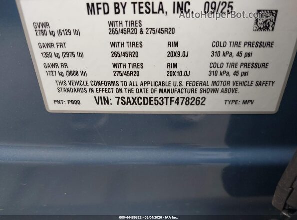 7SAXCDE53TF478262 2026 TESLA MODEL X Blue 