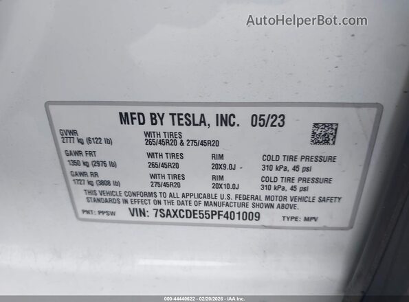 7SAXCDE55PF401009 2023 TESLA MODEL X White ძრავის განყოფილების ხედი