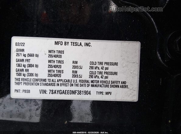 7SAYGAEE0NF381904 2022 TESLA MODEL Y Black Widok komory silnika