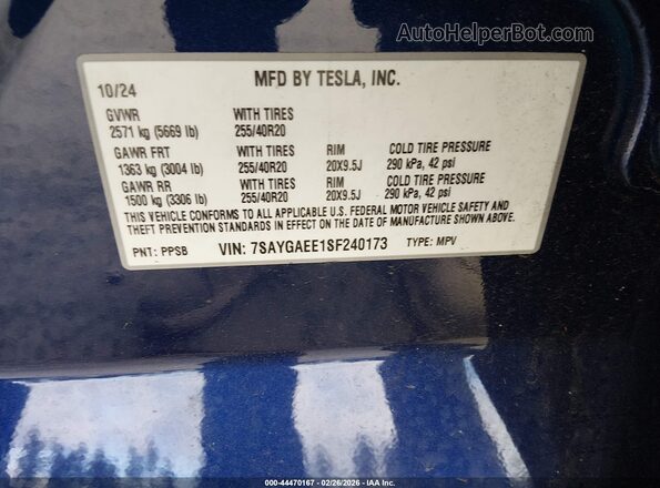 7SAYGAEE1SF240173 2025 TESLA MODEL Y Blue Vista del compartimento del motor