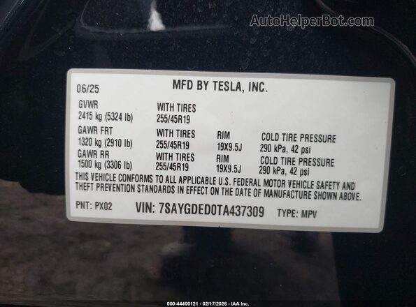 7SAYGDED0TA437309 2026 TESLA MODEL Y Black Շարժիչի բաժամունքի տեսք