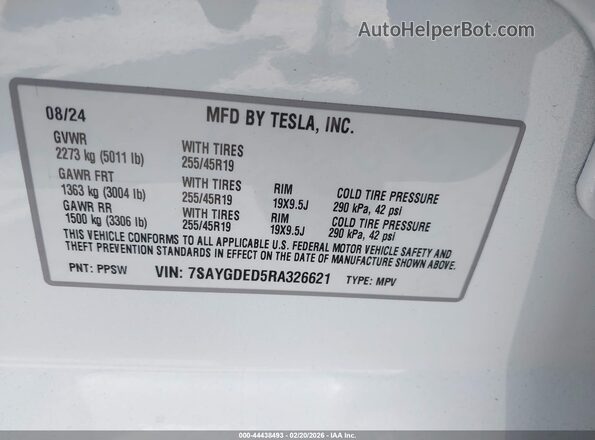 7SAYGDED5RA326621 2024 TESLA MODEL Y White Vista del compartimento del motor