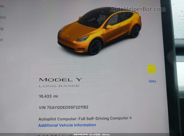 7SAYGDED5SF221182 2025 TESLA MODEL Y Gray უკანა სავარძლების ხედი