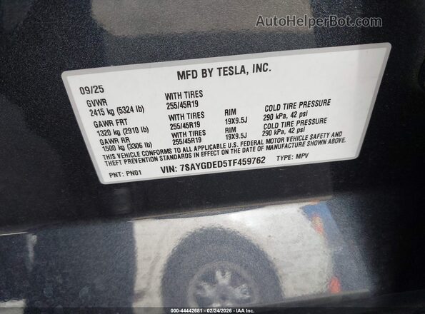 7SAYGDED5TF459762 2026 TESLA MODEL Y Gray Vista del compartimento del motor