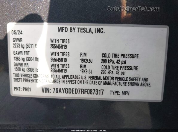 7SAYGDED7RF087317 2024 TESLA MODEL Y Gray Widok komory silnika