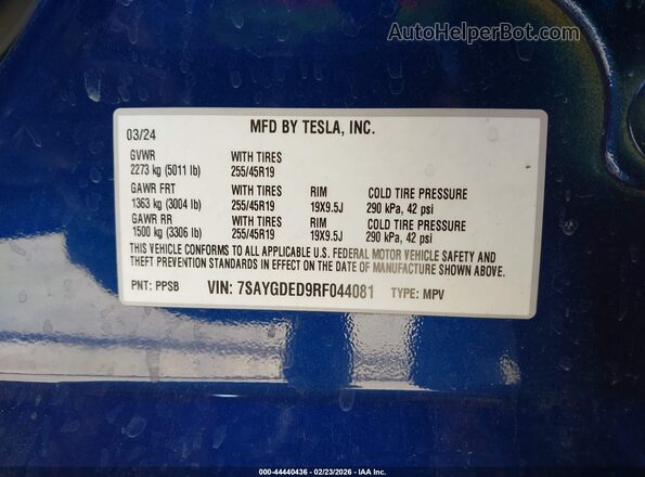 7SAYGDED9RF044081 2024 TESLA MODEL Y Blue Vista del compartimento del motor