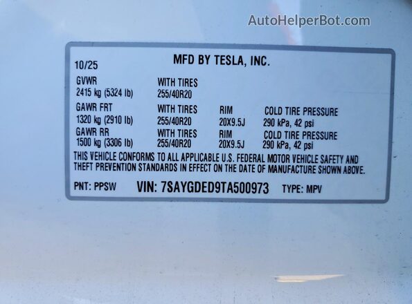 7SAYGDED9TA500973 2026 TESLA MODEL White Vista del compartimento del motor