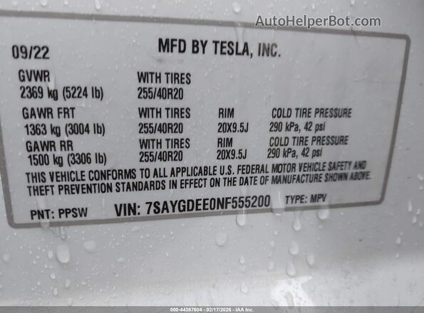 7SAYGDEE0NF555200 2022 TESLA MODEL Y White Вид підкапотного простору