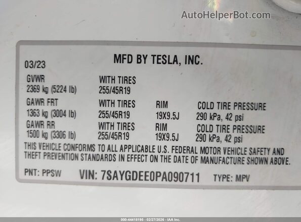 7SAYGDEE0PA090711 2023 TESLA MODEL Y White Շարժիչի բաժամունքի տեսք