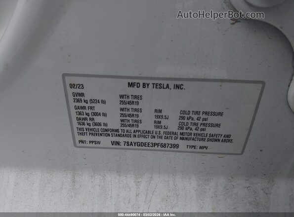 7SAYGDEE3PF687399 2023 TESLA MODEL Y White Engine compartment view
