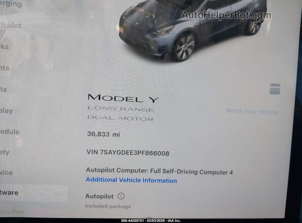 7SAYGDEE3PF866008 2023 TESLA MODEL Y Gray Հետևի նստատեղերի տեսք