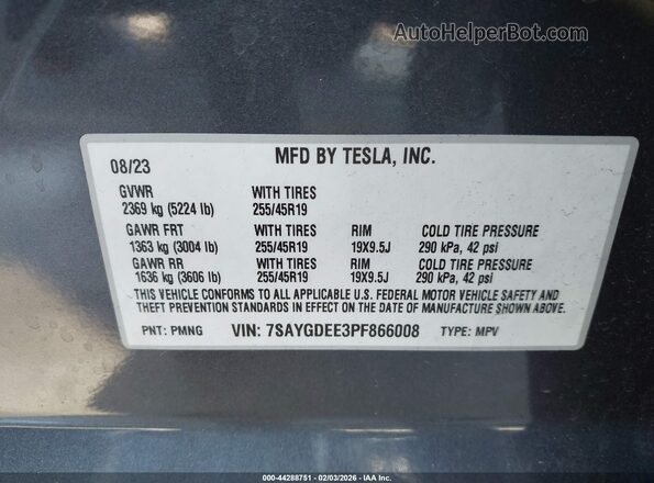 7SAYGDEE3PF866008 2023 TESLA MODEL Y Gray Շարժիչի բաժամունքի տեսք