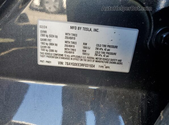 7SAYGDEE3RF031934 2024 TESLA MODEL Gray Widok naklejki z numerem VIN