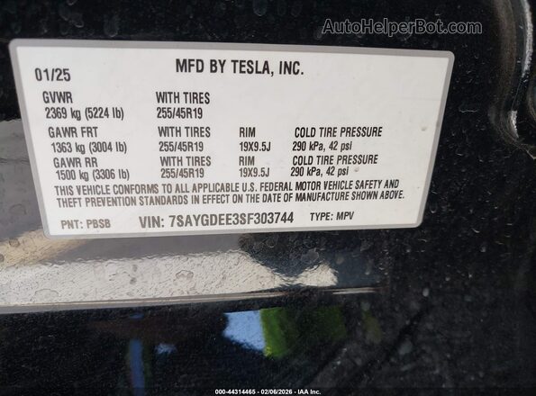 7SAYGDEE3SF303744 2025 TESLA MODEL Y Black Vista del compartimento del motor