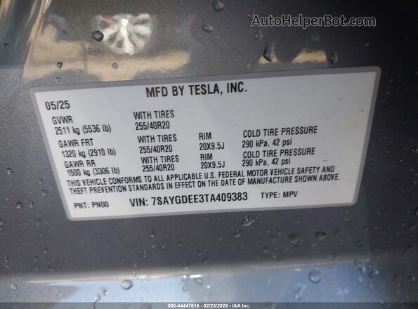 7SAYGDEE3TA409383 2026 TESLA MODEL Y Gray Շարժիչի բաժամունքի տեսք